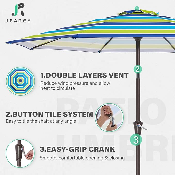 JEAREY 9' 2-Tiers Patio Umbrellas Outdoor Table Market Umbrella w/Push Button Tilt/Crank, 8 Sturdy Ribs, UV Protection Waterproof Sunproof(Blue Green Striped)
