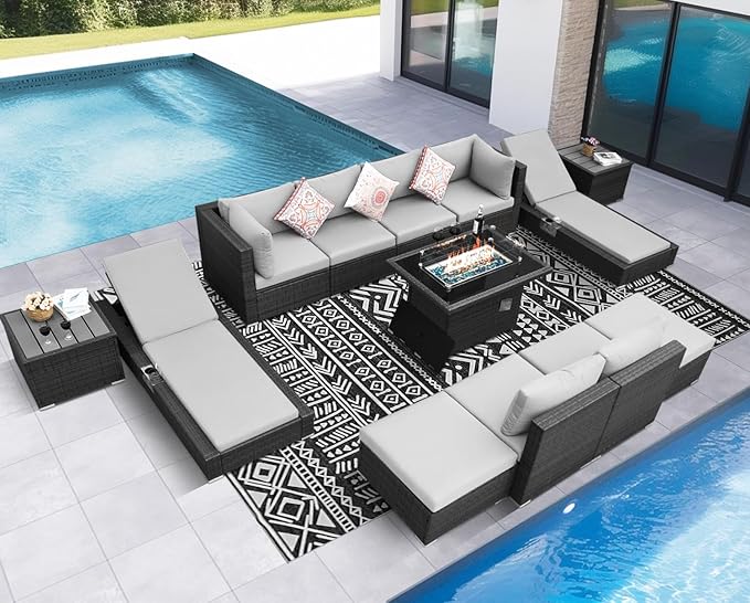 NICESOUL 13 Piece Patio Sectional w/Fire Pit, Modular Wicker Outdoor Couch w/Chaise Lounge, Large Size 29.3'' High-Back Deep Conversation Seating, All-Weather Backyard Movie Furniture, Light Grey