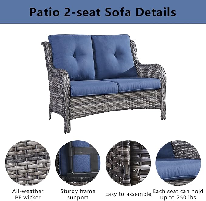 Belord 6 Pieces Patio Furniture Set Outdoor Wicker Furniture, 2 Patio Wicker Chairs with 1 Loveseat Sofa, Coffee Table and Ottomans, Patio Conversation Set for Porch Garden Deck Balcony Poolside