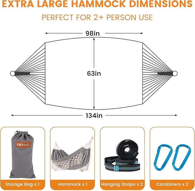 Lazy Daze Hammocks Extra Large Double Hammock, Portable Camping Hammock with Travel Bag & Tree Straps for Outdoor, Camping, Backyard, Patio, 550lbs Capacity, Light Gray