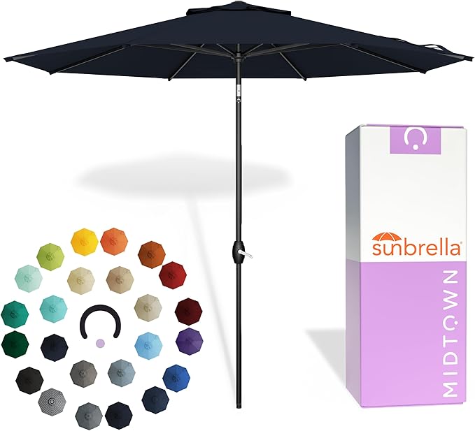 Midtown Umbrellas - The Lean 8 Ft Patio Umbrella with Fade-Resistant Sunbrella Fabric, Auto-Tilt Aluminum Frame and 8 Reinforced Ribs for Deck, Pool & Garden - Canvas Navy Canopy, Black Pole