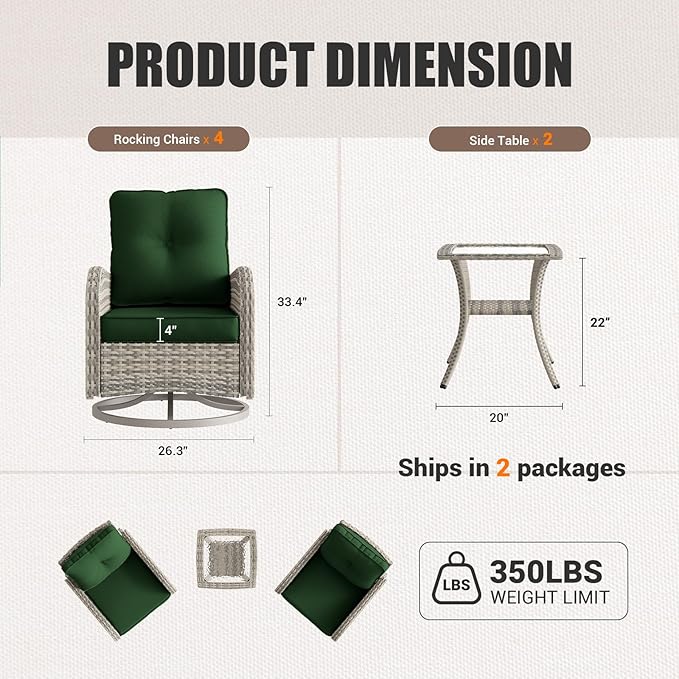 6-Piece Patio Rocking Swivel Chair Outdoor Wicker Rattan Bistro Set with Tempered Glass Side Table, Outdoor Patio Furniture Set for Garden, Deck, and Balcony, Green