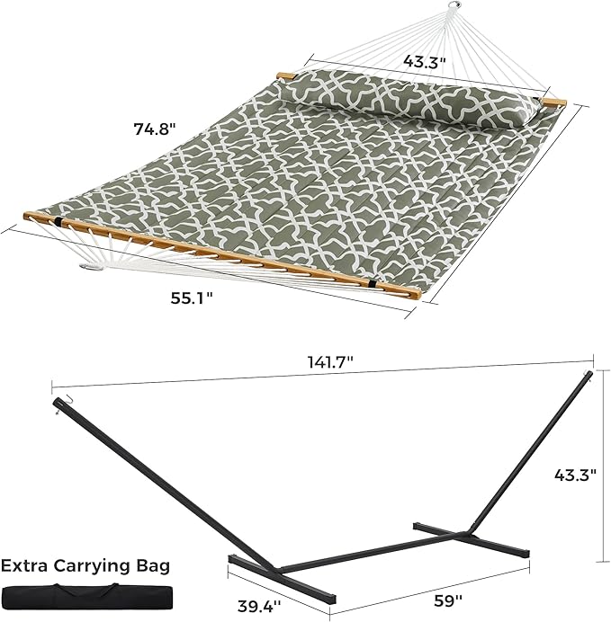 SUPERJARE Hammock with Stand, 2 Person Quilted Outdoor Hammock, Detachable Pillow & Bamboo Spreaders, Portable with Carrying Bag, Heavy Duty Stand, Perfect for Outside, Patio, Grey with White Flower
