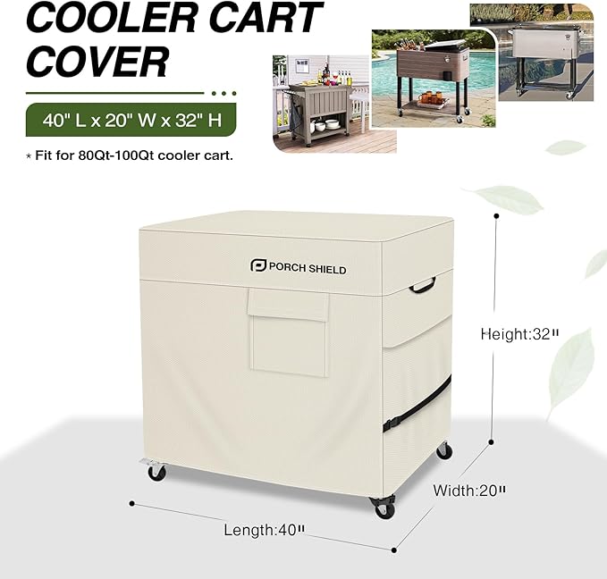 Porch Shield Waterproof Rolling 80-100 Qt Cooler Cart Cover Fits Most Patio Ice Chest Party Cooler (Light Tan, 40"L x 20"W x 32"H)