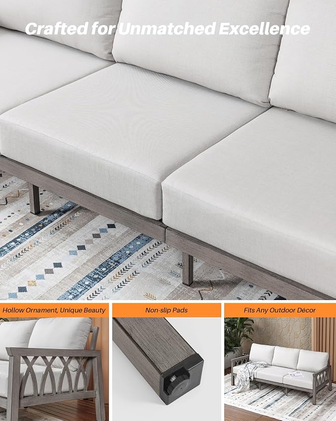 Outdoor Aluminum 3-Seat Sofa, Patio Couch with 5.9'' Thick Cushions, Weather-Resistant Outdoor Club Sofa Couch, Modern 3 Seats Outside Sofas Furniture for Garden, Porch, Balcony, Limed Oak