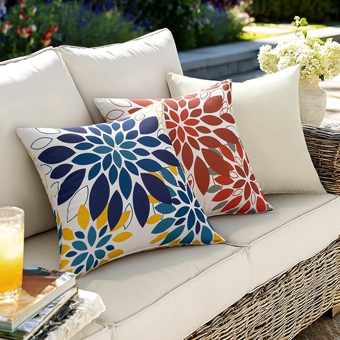 Floral Outdoor Pillow Covers Waterproof Spring Throw Pillow Cases Red Gray 18x18 Inch Set of 2 Decorative Summer Cushion Covers for Patio Furniture Garden Bench Porch Sofa
