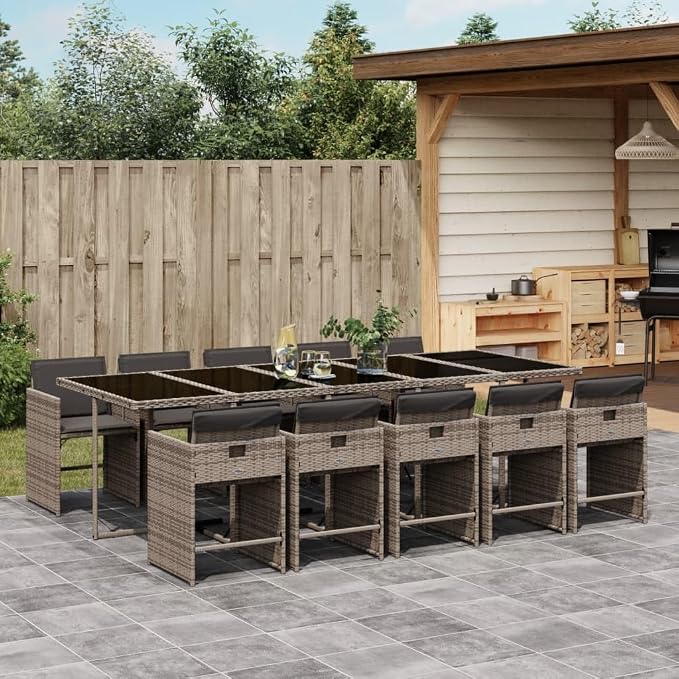 11 Piece Outdoor Patio Dining Set, Space Saving Cube Table with 10 Folding Chairs and Padded Cushions, Weather Resistant PE Rattan Garden Furniture for Backyard and Poolside
