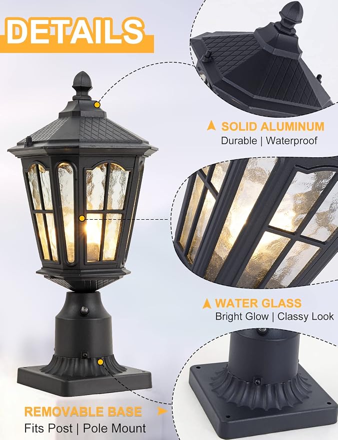 Dusk to Dawn Post Light Outdoor 2 Pack, 17''H Outdoor Lamp Post Light with Pier Mount Adapter,Waterproof IP65 Classic Die Cast Aluminum with Water Ripple Glass, Matte Black…