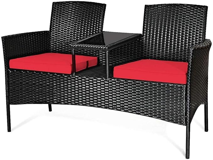 Patio Conversation Furniture Set, Outdoor Wicker Rattan Loveseat Sofa Set w/Tempered Glass Top, 2 Removable Cushions & Coffee Table, Ideal for Balcony/Garden/Lawn/Backyard, Red