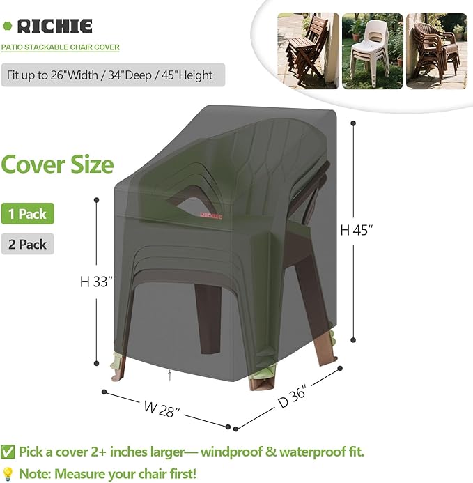 RICHIE Stackable Patio Chair Cover, 600D Stacking Outdoor Chair Cover Waterproof, High Back Covers for 4-6 Stackable Dining Chairs, UV Resistant Patio Furniture Covers, 35”Dx27”Wx45”H, Black, 1 Pack