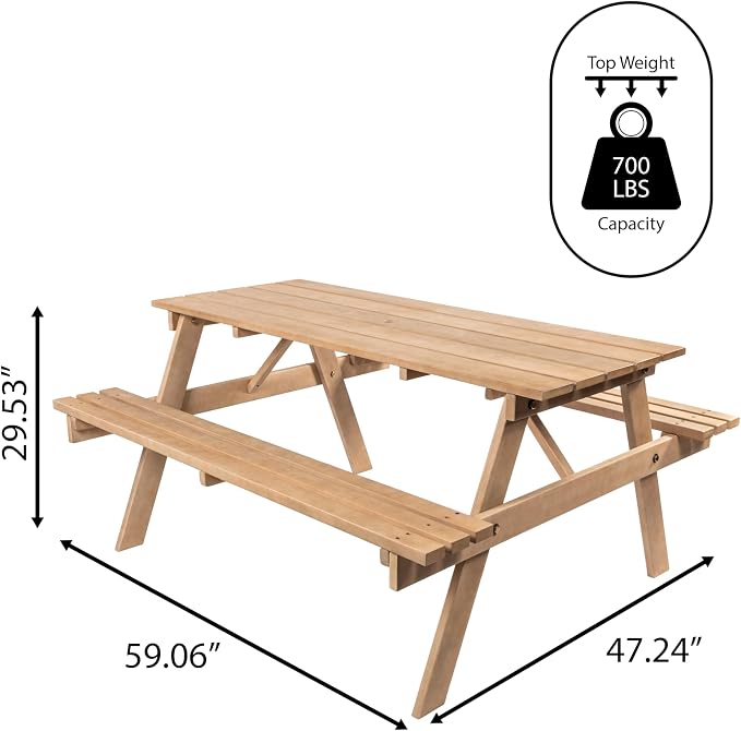 JONATHAN Y Shoreham 59" Eucalyptus Wood Outdoor Picnic Table with Benches for Patio, Rectangular Dining Set with 2" Umbrella Hole, Heavy Duty 700 lbs Capacity, Light Teak BNH200B