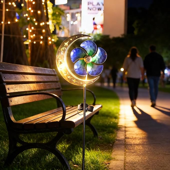 Solar Moon Windmill Decorative Garden Light, Lawn Lamp Light, Metal Stake Windmill with Glass Ball LED, Outdoor Lawn Lamp for Yard Decoration (Blue)