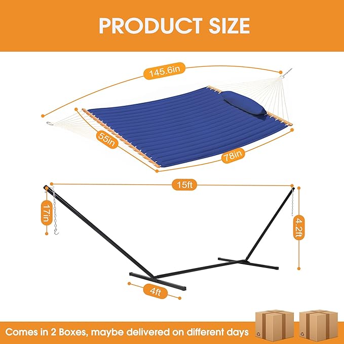 Lazy Daze Hammocks Double Quilted Hammock with Stand for Outside, 15 FT Heavy Duty Steel Stand, 2 Person Hammock for Porch Patio Garden Backyard, Max 450 lbs Capacity, Blue