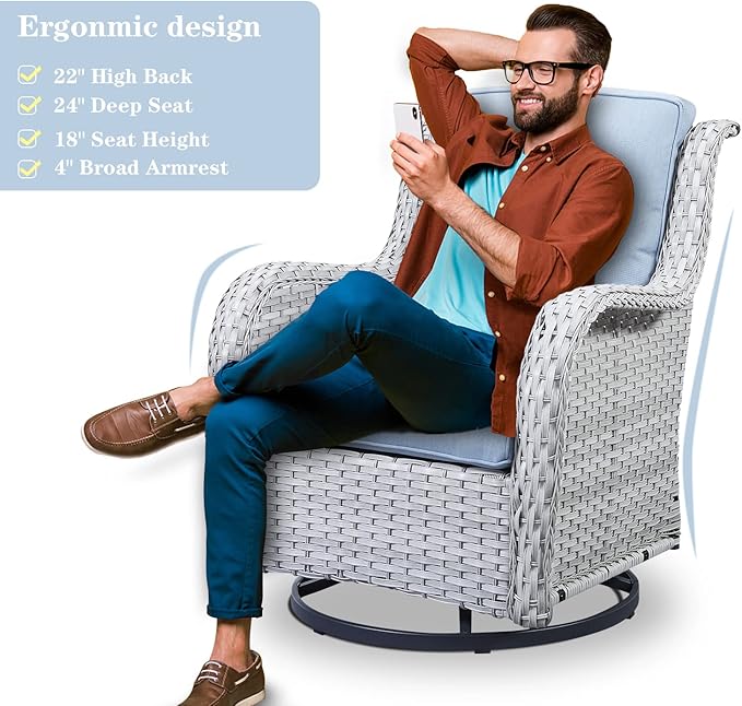 Belord Outdoor Furniture Wicker Conversation Sets - 7 Piece Patio Rattan Furniture Sets with Swivel Rocker Chairs Outdoor Sofa for Porch Deck Backyard Light Grey/Baby Blue