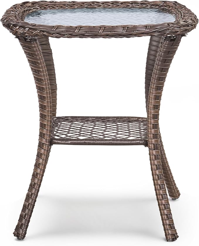 Patio Side Table Outdoor End Tables - 2-Tier Storage Wicker Side Tables with Smooth Clear Tempered Glass Tabletop for Outside Furniture Wicker Rocking Swivel Chairs in Porch Deck Yard - Brown