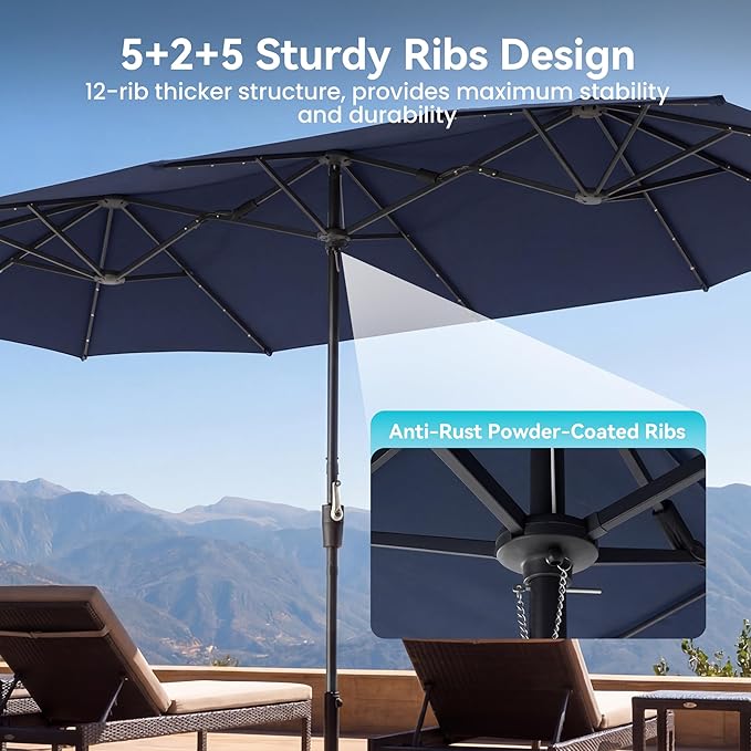 COSIEST 13FT Patio Umbrella with Solar Lights, Outdoor Double-Sided Table Umbrella,Large Rectangular Market Umbrella w Crank Handle for Garden, Pool, Deck Shade, Navy Blue