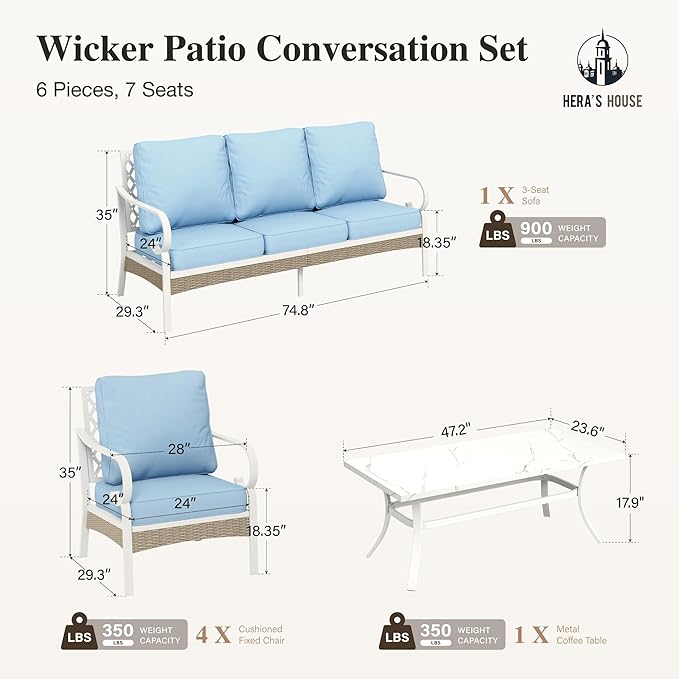 HERA'S HOUSE 5 Piece Metal Patio Furniture Set, 7 Seats All Weather Outdoor Conversation Set, 3 Seat Sofa with Loveseat, 2 Fixed Chairs, Coffee Table for Backyard, Garden, Deck, White/Blue