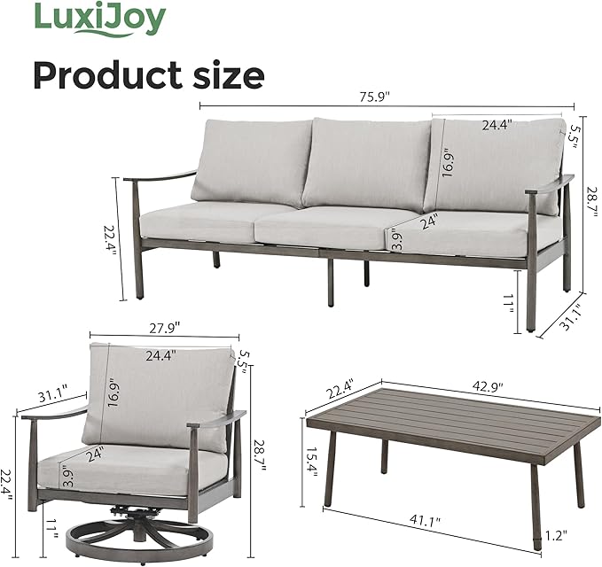 4 Pieces Patio Furniture Set, Aluminum Outdoor Patio Furniture Sets, 2 Swivel Chairs and 3 Seater Couch with Thick Cushion, Patio Conversation Set for Backyard Deck Poolside, Greige & Grey