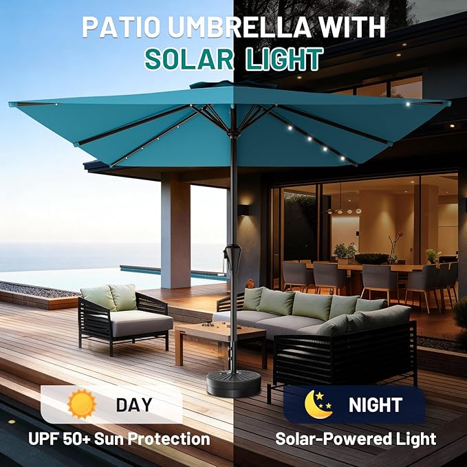 AreShark 8' X 10' Rectangular Patio Umbrella with Solar Lights, Lighted Solar Umbrella with Crank, Outdoor Table Umbrella for Garden, Deck, Backyard, Pool and Beach, Lake Blue