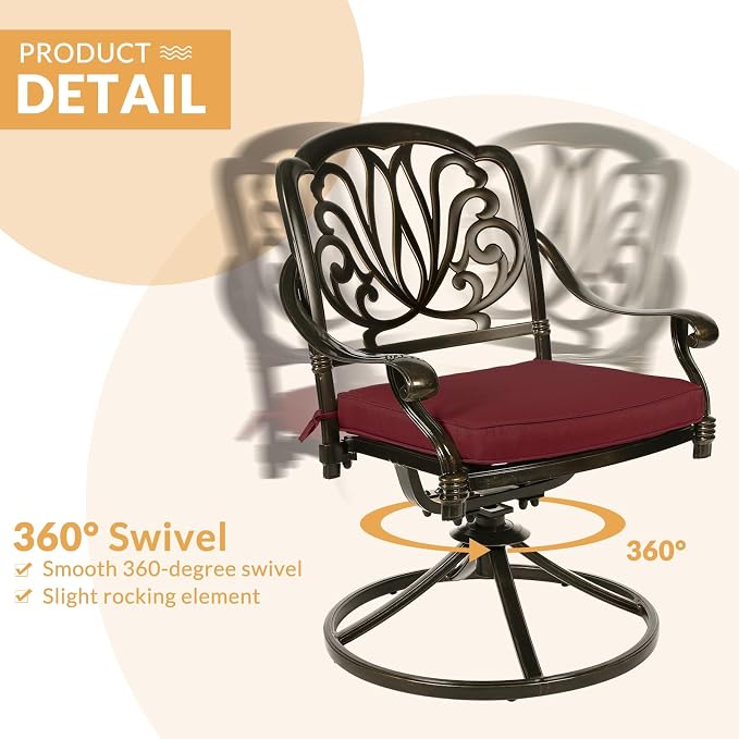 7-Piece Outdoor Patio Dining Set, 60” Rectangular Cast Aluminum Dining Table with Umbrella Hole and 6 Cushioned Swivel Rocker Chairs, Patio Funiture Set for Backyard, Patio, Garden, Red