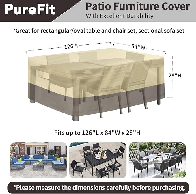 PureFit Patio Furniture Covers, Outdoor Table Furniture Cover Waterproof Canvas Rectangle 650D Patio Covers for Outdoor Furniture, Lawn, Deck, Backyard, Anti-fade & Tear Resistant, 126"L x 84"W x 28"H