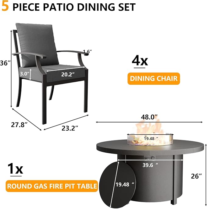 Kullavik 5 Piece Metal Outdoor Patio Furniture Set with Fire Pit Table,Outdoor Dining Table Set with 4 Fixed Chairs and 55000 BTU Outdoor Round Fire Pit,Grey