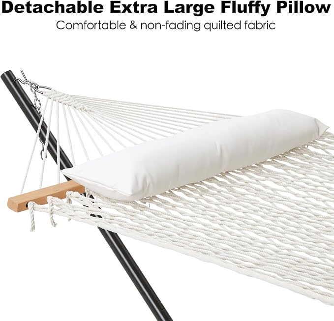 GAFETE 2 Person Hammock with Stand for Outside, 52inch Double Cotton Rope Hammock, Heavy Duty Steel Stand, Large Removable Pillow, Max 475 lbs Capacity (Natural Beige)