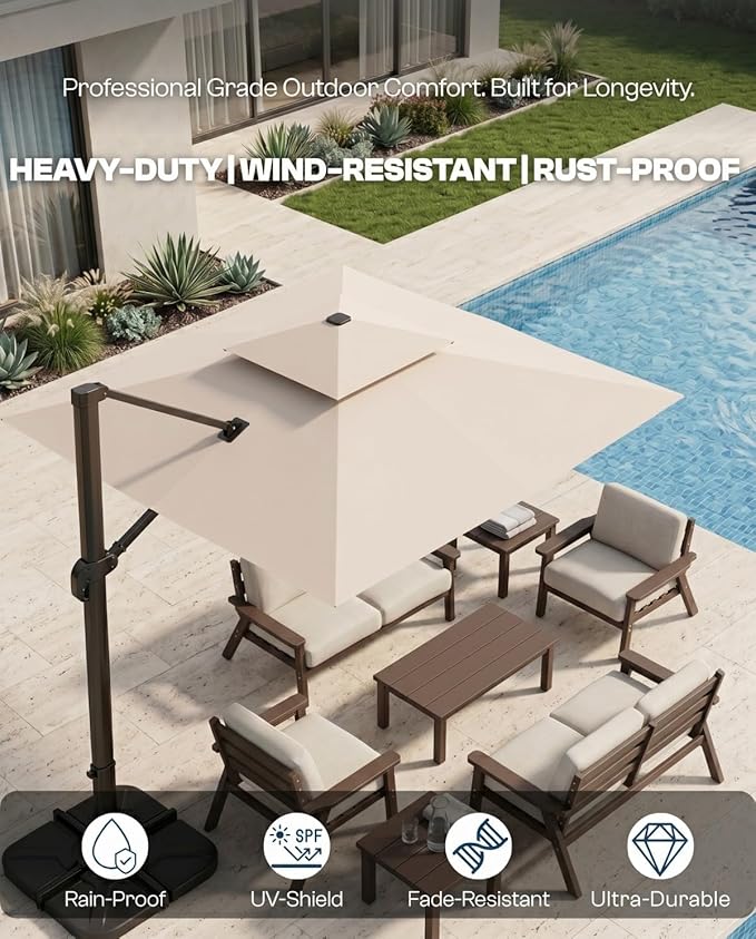 10'×10' Patio Umbrella, Double Top Aluminum Cantilever Umbrella with 360°Rotation, Offset Patio Umbrella with Easy Tilt for Pool Deck Garden Backyard, Beige (Base not Included)