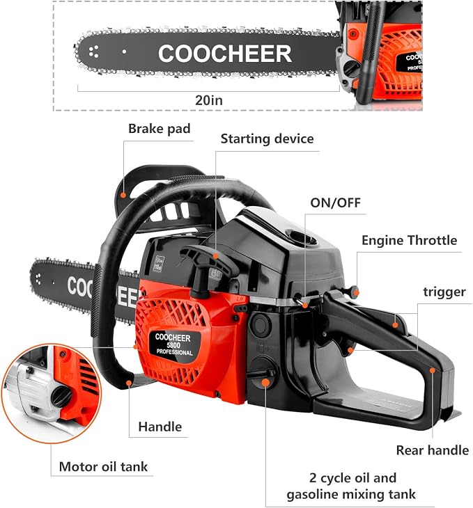 COOCHEER Gas Chainsaw 62CC 20Inch Gas Powered Chain saws, 3.5HP 2-Stroke Gasoline Chain Saw with for Tree Stumps, Limbs, Tree Felling, and Firewood Cutting(Black&Red 2023 Updated)