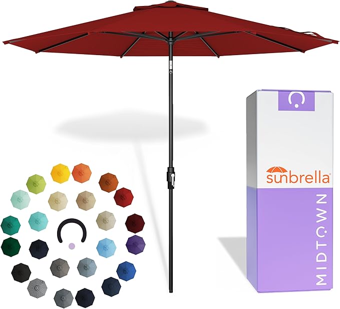 Midtown Umbrellas – The Swilt 9 Ft Patio Umbrella with 360° Swivel & Tilt Mechanism, Sunbrella Fabric & 8 Fiberglass Ribs – Outdoor Umbrella for Deck, Pool & Cafes – Red Canopy, Black Pole