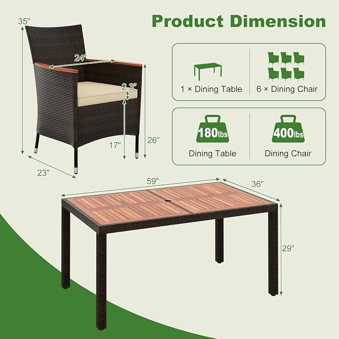 DORTALA Patio Dining Furniture Set for 6, 7 Piece PE Rattan & Acacia Wood Outdoor Table and Chairs with Umbrella Hole, Cushions for Backyard Poolside, 400 Lbs Capacity, Mix Brown