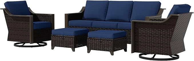 5 Piece Wicker Patio Conversation Set, All-Weather Use Outdoor 2 PE Rattan Swivel Chair, 2 Ottoman, 1 Patio Sofa, Removable Water-Resistant Cushion, Ideal for Porch, Backyard, Balcony, Poolside, Blue