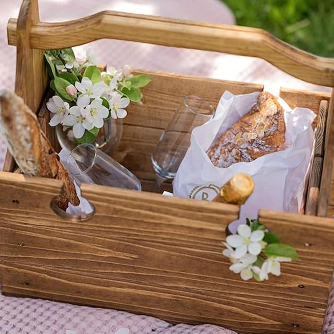 Portable Wooden Picnic Table with Wine Glass Holder - Foldable 2-in-1 Outdoor Snack Tray for Cheese & Fruit, Collapsible Camping Table with Integrated Glass Rack
