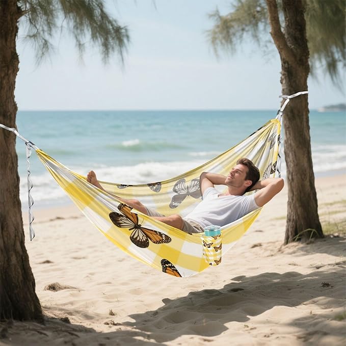 Yellow White Check Plaid Butterfly 330lb Capacity Camping Hammocks with Hanging Rope Indoor Hammock for Indoor Outdoor Patio Base de hamaca para adultos