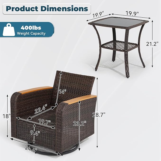 3 Pieces Outdoor Furniture Set with Swivel Chairs, Wicker Patio Furniture Sets for Porch Deck Bistro Lawn Garden Backyard Poolside - Navy Blue