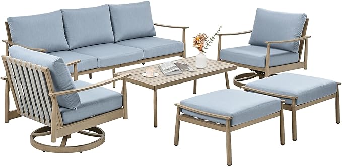 6 Pieces Aluminum Outdoor Patio Furniture Sets with Coffee Table, Cushioned 3-Seat Sofa Couch and Swivel Chairs with Ottomans, All-Weather Conversation Set for Yard Proch Deck, Blue & Brown