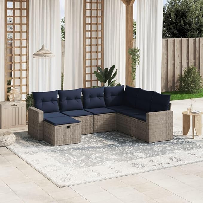 vidaXL Patio Sofa Set with Cushions 7 Piece, Outdoor Conversation Set, Sectional Sofa for Balcony Garden, Modern Style, Gray Poly Rattan