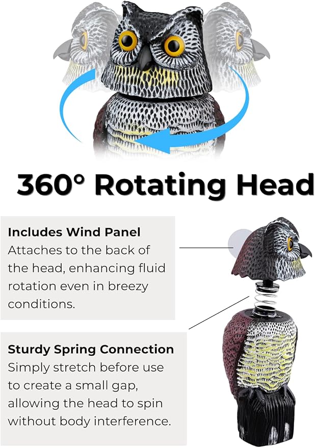 Garden Fake Owl Sculpture with 360° Rotating Head, Waterproof Garden Owl | Realistic Large Outdoor Owl Statue for Yard Patio Balcony Roof Barn Driveway Garden Pool