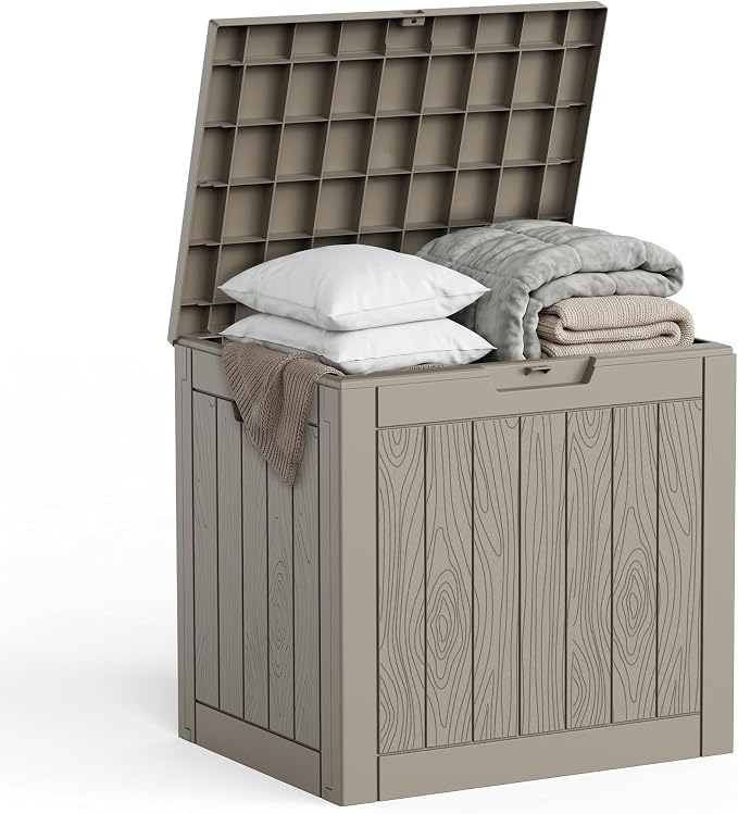 Outdoor Waterproof Resin Storage Deck Box Lockable Outside Bench UV Resistant Bin Patio Porch Furniture Pool Float Garden Tool Cushion Grey 35 Gallon