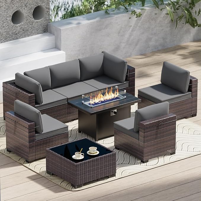 Outdoor Terrace Furniture Set, 8 Piece Outdoor Furniture Set, with 43 inch Aluminum 55000 BTU Propane fire Pit, PE Willow Vine Terrace Dialogue Set - Grey.