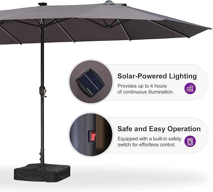 PURPLE LEAF 14ft Patio Market Umbrella with Solar LED and Base Double-Sided Rectangle Outdoor Table Sun Umbrellas with Crank for Pool Beach Deck Backyard Gray