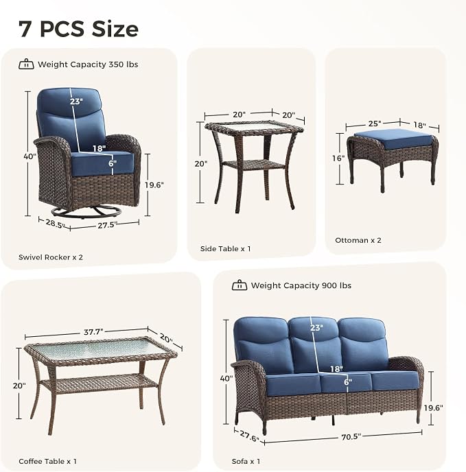 Luxury Patio Furniture Set with 6-inch Thick Cushions, Outdoor Furniture Set with High Back Swivel Chairs, 7 PCS Wicker Outdoor Conversation Set for Porch, Patio, Yard, Deck, Poolside, Brown/Blue