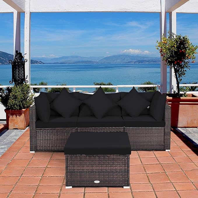 HAPPYGRILL 4-Piece Patio Conversation Set Outdoor Wicker Sofa Set, Modern Sectional Couch Set with Washable Cushions & Pillows, All Weather PE Rattan Patio Furniture Set