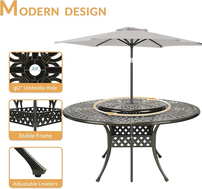 9-Piece Patio Furniture Dining Set, All Weather Cast Aluminum Outdoor Conversation Set- 61" Round Patio Dining Table with Detachable Lazy Susan & 8 Cushioned Chairs, Umbrella Hole, Navy Blue