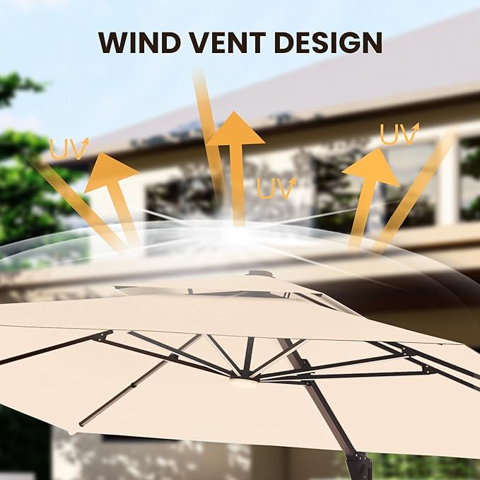 9 X 12 FT Cantilever Patio Umbrella with Led Lights Outdoor Heavy Duty Double Top Rectangle Offset Umbrellas with 360-degree Rotation for Pool Deck Backyard, Beige