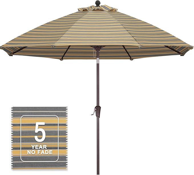 MASTERCANOPY Olefin 5-Year-Non-Fading 9ft Patio Umbrella with Tilt and Crank, Large UV Resistant Outdoor Table Umbrella with 8 Fiberglass Ribs for Deck, Yard & Market, Gray & Yellow Multi-Stripes