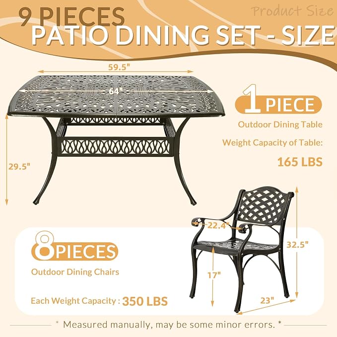 9 Piece Outdoor Patio Dining Set for 8, Cast Aluminium Large Square Dining Table & 8 Dining Chairs, Umbrella Hole, Patio Furniture Set for Garden Porch Poolside, Dark Bronze