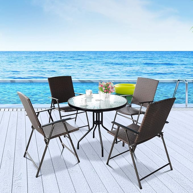 S AFSTAR 5 Pieces Patio Dining Set, 4 Folding Chairs with Table, Portable Wicker Chairs Furniture Set for Outdoor Garden Backyard (4 Chairs w/ 28''H Modern Round Table)