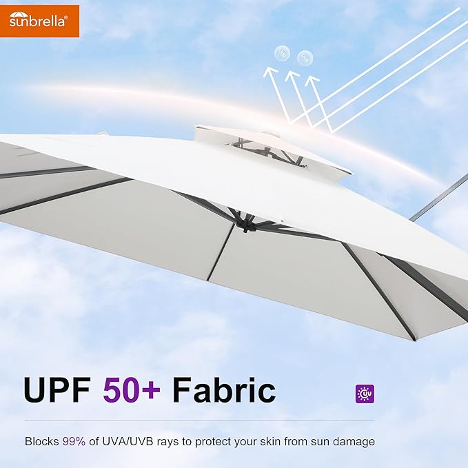 PURPLE LEAF Cantilever Umbrella with Base Included 12 Feet Outdoor Square Umbrella Double Top Large Offset Hanging 360° Rotation Heavy Duty for Garden Patio Deck Pool Canvas Natural