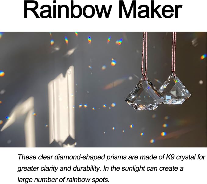 2PCS Diamond Crystal Suncatcher Prisms for Windows (Diamond Clear) | Clear, Transparent, K9 Glass, Rainbow Maker, with Hooks & Cord